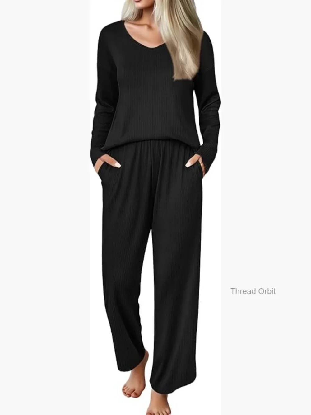 Ribbed Knit Pajama Set Long Sleeve V-Neck PJs with Pockets Soft Lounge Set